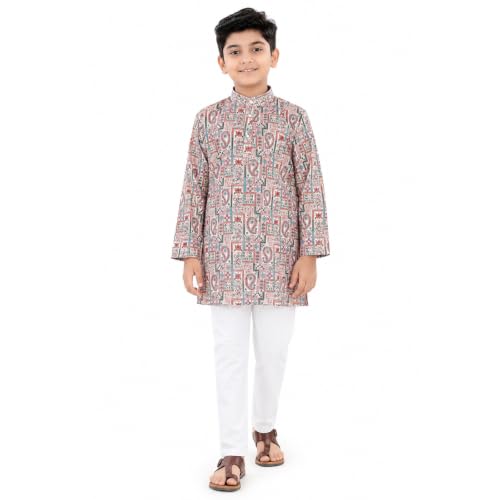 Image of Boys Cotton Full Sleeve Printed Kurta Pyjama Set, Chikankari Kurta Kids Ethnic wear Festive & Traditional Outfit | Boys Kurta Pajama Set
