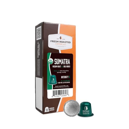Image of Fresh Roasted Coffee, Organic Sumatra Espresso Capsules for Nespresso OriginalLine, Medium, USDA Organic, Kosher, 10 Recyclable Aluminum Capsules
