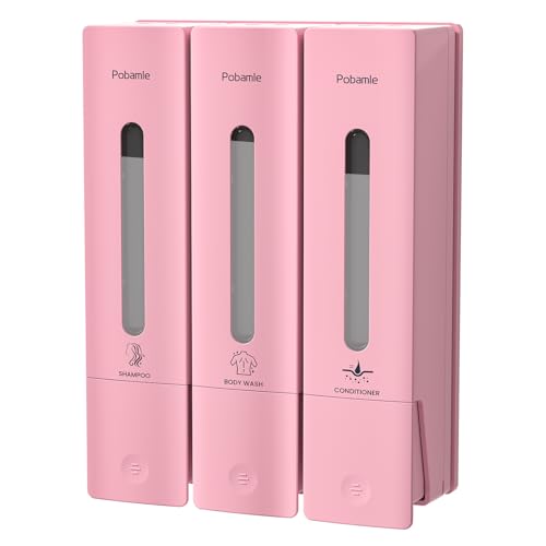 Pobamle shower soap dispenser wall mounted no drill shampoo and conditioner dispenser 3 chamber Pink