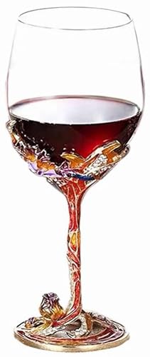 Image of Eplze YBK Tech Handmade Enamel Craft Crystal Red Wine Glass in Gift Box, Iris Design (Gold and Red)