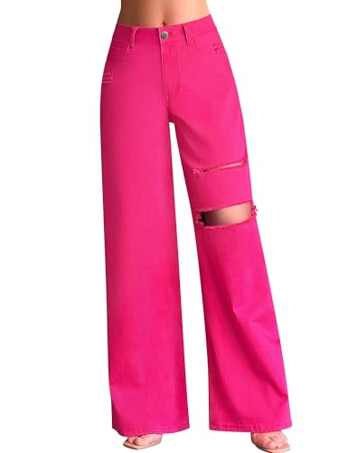 roswear Women’s Baggy Wide Leg Jeans Boyfriend Trendy High Waisted Ripped Stretchy Denim Jeans