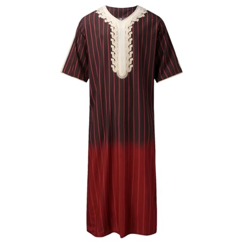 Adhdyuud Caftán musulmán de verano Islam para hombre, túnica holgada con bordado marroquí Abaya Thobe, rojo vino, L