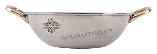 Indian Art Villa S/S Double Wall Kadai Wok Brass Round Handle|690 Ml Capacity|Serving Dishes #TOP1