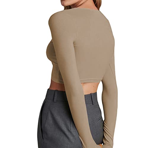 Women Vintage Knit Ribbed Crop Top V Neck Long Sleeve E Girl 90s Tees Shirt Streetwear Grunge Crop Tops for Teen Girls