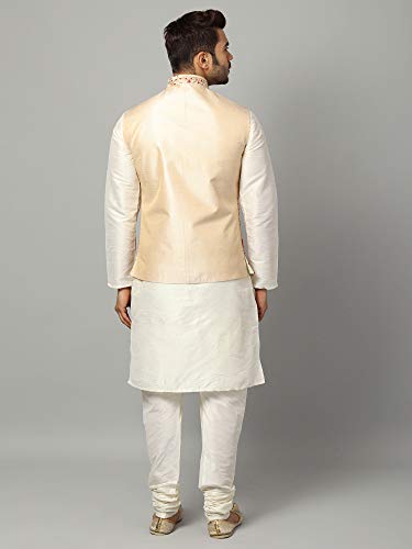 Image of Uri and MacKenzie Men's Silk Blend Regular Kurta Churidar Pyjama with Bundi Nehru Jacket /Waistcoat