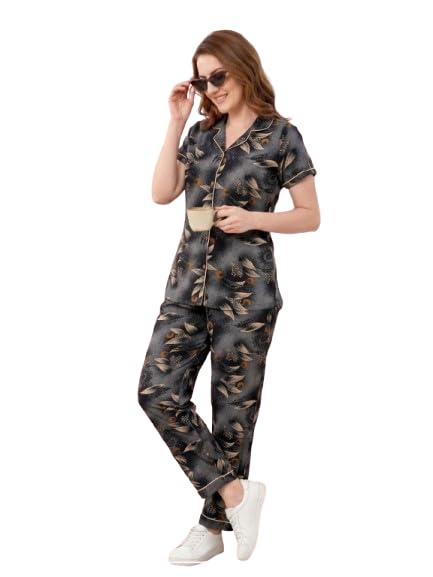 Elegant Cotton Lounge Wear Co-Ord Set with Button-Down Shirt, Relaxed Fit Pajama, Soft Breathable Nightwear for Women (Dark Grey, X)-image-36