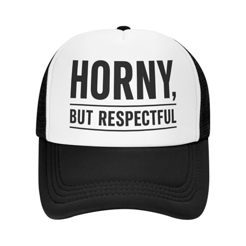 Horny, But Respectful Hats for Men Women, Printed Foam Mesh Snapback Cap, Adjustable Graphic Baseball Hat for Party Gift Black