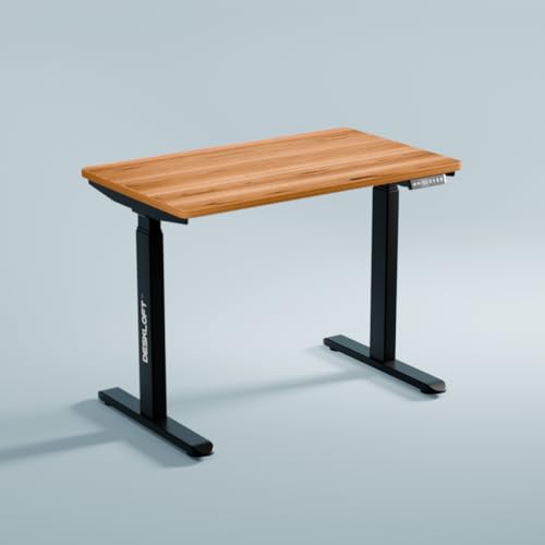 Image of Height Adjustable Electric Desk Table | Motorized Sit Stand Workstation with Walnut Wood Grain Desktop | Ergonomic Computer Table for Home Office (Black Frame & Brown Top, 1200 x 600 mm)