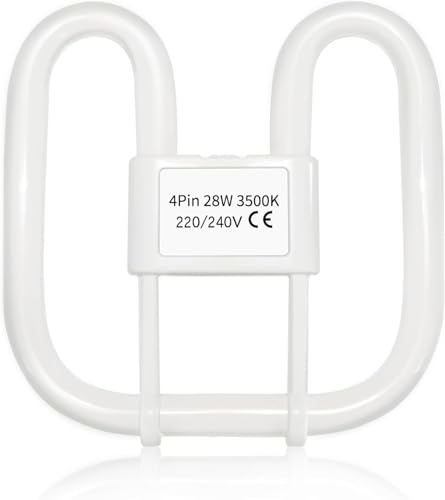 GR10q 4 Pin 28W 3500K Warm White 2000LM Very Large Size DD Square CFL Compact Fluorescent 4 Pins Light Bulb AC 220V 4 Pin Flat Butterfly Bulb for Flush Ceiling Light 1 PACK (Ballast should >28W)