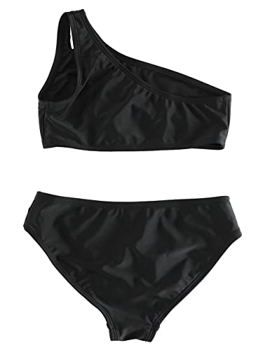 Image of DUSISHIDAN Girls Solid Color One Shoulder Bikini