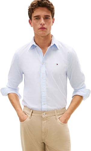 Tommy Hilfiger Core Flex Pop Classic STP Camisa para Hombre, MW0MW41403, L/S, Azul, M, Azul (Sweet Blue/Stripe), M