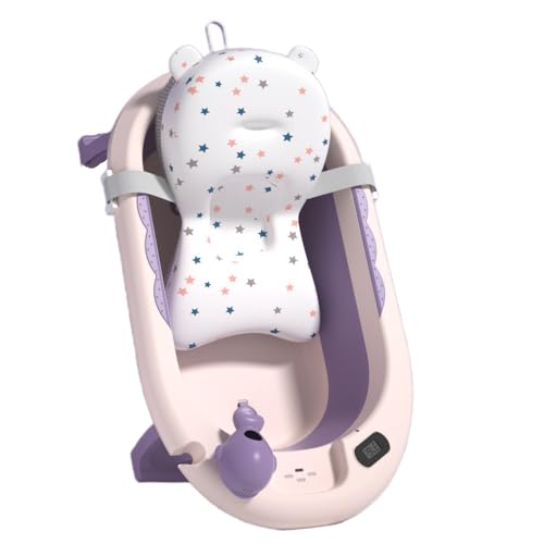 Andula滑り止めベビーバス 折りたたみ式 湯温計付き 赤ちゃん浴槽 バスチェア 赤ちゃん ベビー バスクッション お風呂 沐浴 (パープル,スタンダード版+バスマットです)