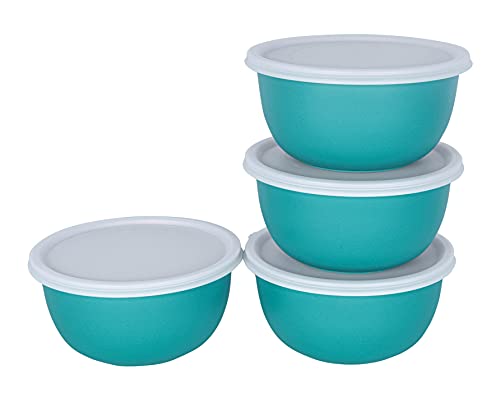 Image of Zaib Microwave Safe Stainless Steel Food Storage Bowl with Lid | Snack Serving Cooked Food Storage Container for Kitchen Capacity- 500 ML Each (Turquoise 14 cm 4 Pcs with Lid)