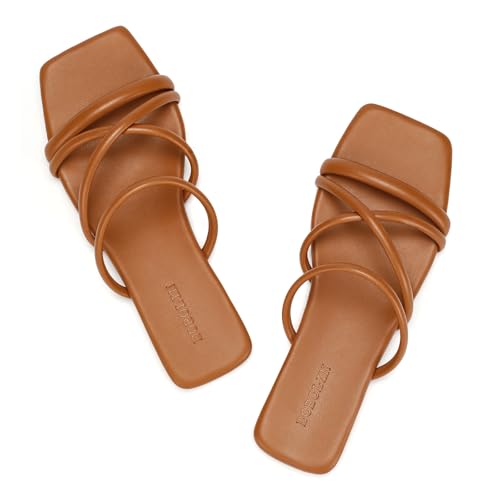 Image of Women's Flat Sandals Strappy Square Open Toe Slide Sandals Dressy Comfortable Wide Feet Friendly