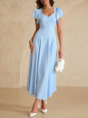 Women's Ruffle Short Sleeve V Neck Dress Elegant Button Front A Line Maxi Dresses4