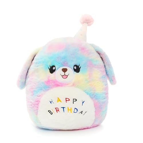 WEIGEDU Rainbow Puppy Plush Toy Pillow Stuffed Animal with Birthday Hat – 'Happy Birthday' Embroidered – Soft, Colorful, and Cuddly for Kids and...