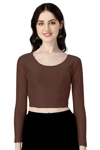 Shiv Textiles Round Neck Dobby Cotton Lycra Stretchable Elbow Sleeve Readymade Saree Blouse For Women Stylish (Brownfree Size Full Sleeve)