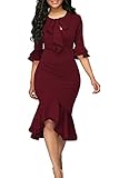 YACUN Women Half Bell Sleeve Vintage Knee Length Work Dress Bow Tie Neck Fishtail Bodycon Dresses Burgundy L