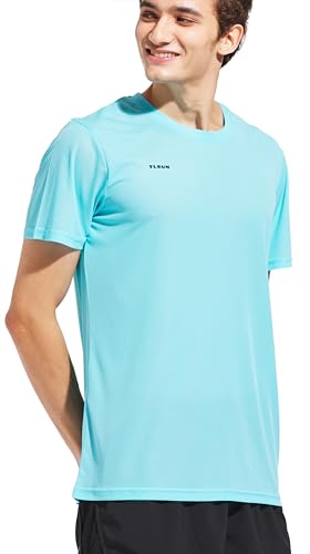 TLRUN Men's Ultra Lightweight Running Shirts, Dry Fit Marathon Top Tee, Cool Short Sleeve Athletic T-Shirts(Large,Light Blue)