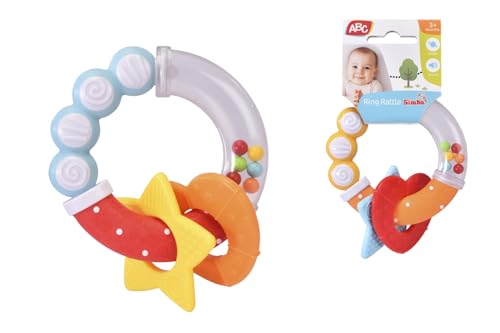 Simba ABC Ringrassel – Baby Greifling mit Rasselgeräusch, 2-fach sortiert, zufällige Farbauswahl, motorikförderndes Babyspielzeug, bunt, ab 3 Monaten
