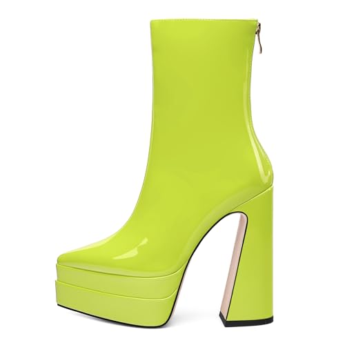 Platform Mid Calf Boots for Women Chunky High Heel Pointed Toe Boots Patent Side Zipper Short Boots2