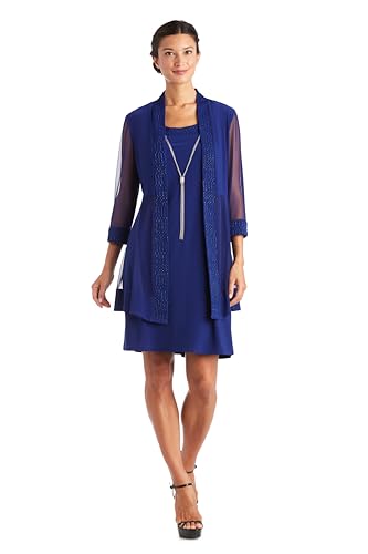 R&M Richards Women's Glitter Jacquard Jacket W/Sheer Insets & Knee-Length Shift Dress W/Necklace - Formal 2-Piece Ensemble