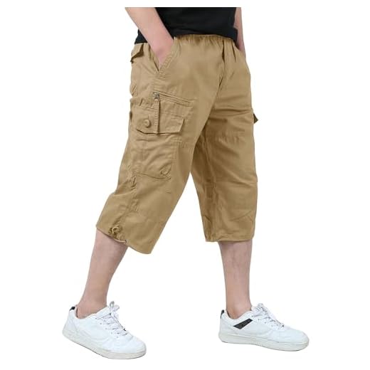 KEFITEVD 3/4 byxor herr cargo shorts män Bermuda shorts flera fickor sommar korta byxor bomull arbetsbyxor elastiskt midjeband ledig, kaki, 36 SE