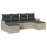 PUGYNBK Ensemble de canapé de jardin modulaire en polyrotin avec coussins, 6 pièces composé d'unités sectionnelles, d'accoudoirs et centrales, de repose pieds et de coussins en polyester   Gris clair