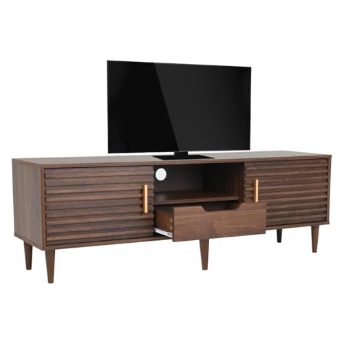 Alohappy Mid-Century Modern TV Stand for 65 Inch TVs, Wood Entertainment Center TV Console Table with Storage Drawer and Open Shelves, Stylish TV Cabinet for Living Room/Bedroom, Brown 59\"