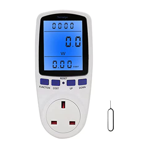 Power Meter UK Plug, Energy Monitor Watt Meter with Blue Backlight, Smart Meter Energy Monitor 7 Modes LCD Display, Electric Meter Electric Socket Tester Power Consumption Analyser Voltage Amp KWH