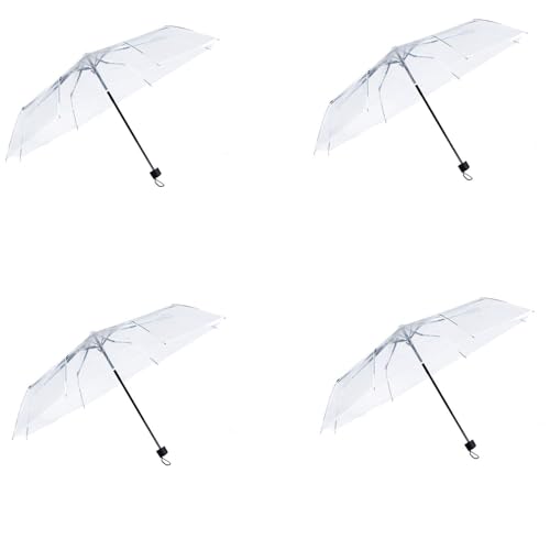 Gadgetking 4 Pack Small Rain Umbrellas Clear Transparent PVC Plastic Wedding See Through Folding Men Bride Bridesmaid Party Fashion Portable Mini Brolly Dome For Events Walking Handbag Travel
