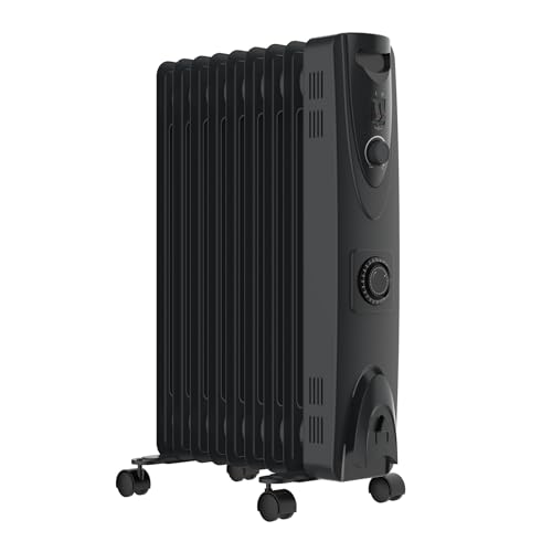 MYLEK Oil Filled Heater Radiators 2000W, Electric Portable Black Heaters, Adjustable Thermostat And 24Hr Timer, 3 Heat Settings, Energy Efficient, Safety Tip Over Protection (2KW Black)