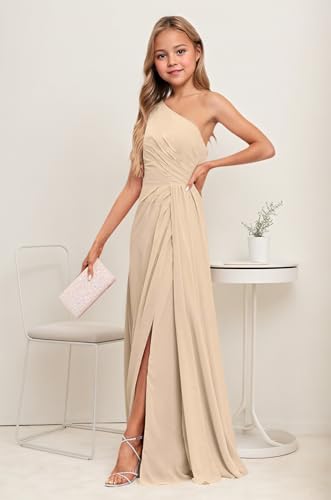 Champagne Junior Bridesmaid Dresses One Shoulder Chiffon Flower Girl Dress for Wedding Long Party Pageant Gowns Size 122