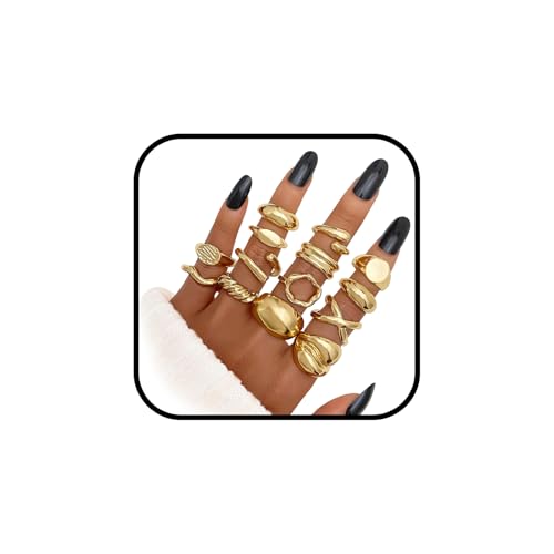 TELAIN 14 st chunky guldringar för kvinnor, tjocka 14 karats guldpläterade kupolringar, stapelbara öppna ringar, fashionabla minimalistiska smycken, presentidéer, L, Plast