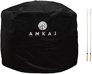 AMKAJ Round Fire Pit Cover - 80x50cm, Large, Black, Heavy Duty, Tear Proof, 600D Polyester, Outdoor UV Protection, Waterproof & Windproof Fire Bowl Cover- Complete with 2 BBQ Forks
