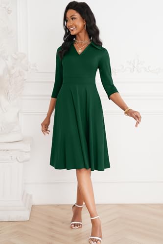 Image of Nmoder Casual Dresses for Women Semi Formal Fit and Flare 3 /4 Sleeve V Neck Cocktail Church Midi Dress with Pockets