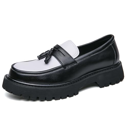 Men's Fashion Chunky Platform Penny Loafers Luxury Round Toe Slip-On Dress Shoes with Non-Slip Lug Sole for Business Work and Daily Casual Wear (White and Black-C,10)