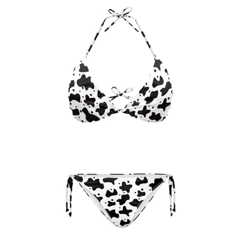 Suhoaziia Cow Pattern Two-Piece Swimsuit Set for Women Plus Size Tie Side Triangle Bikini Swimsuits Slimming Halter Bikini Sets for Summer Beach
