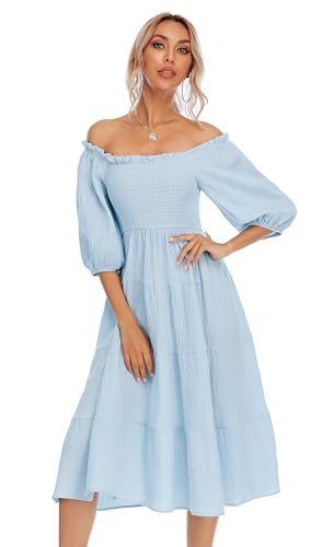 Image of R.Vivimos Women's Summer Cotton Lantern Sleeves Ruffled Off Shoulder A-Line Midi Dresses