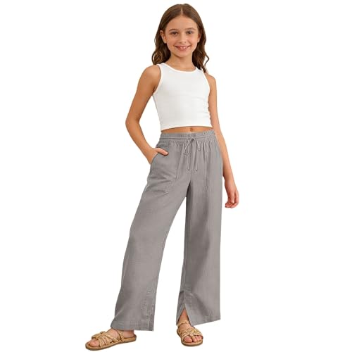 Girls Linen Pants Wide Leg School Uniform Pants Cozy Elastic Waist Summer Casual Beach Lounge Trousers with Pockets Grey