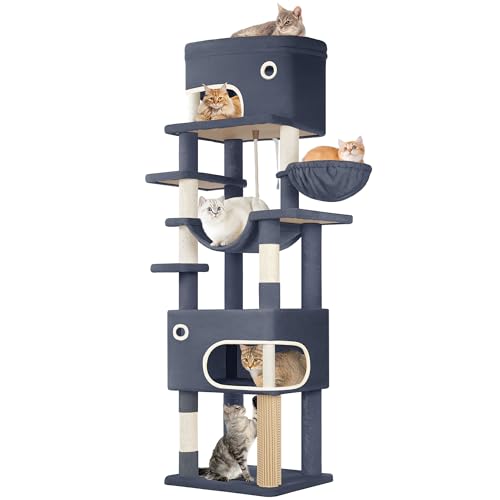 Hzuaneri Kratzbaum, 203 cm Katzenbaum mit großer Plattform, 2 Höhlen, 7 Kratzsäulen, Pompons, Liegemulden, Hängematte, Geeignet für alle Katzenrassen, Dunkelgrau MS20318SG