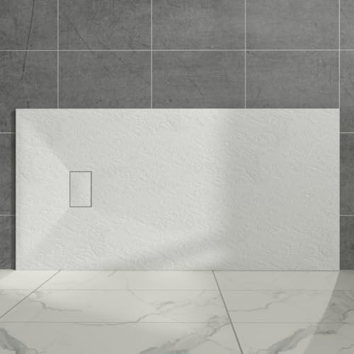 Aquariss White Rectangular Shower Tray Slate Effect SMC Slip-Resistant Shower Base for Bathroom Enclosures 1800x900mm with Waste