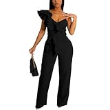 HBQ Womens Casual One Piece Jumpsuits V-Neck Sleeveless Ruffle Backless Belted Elegant Romper Wide Leg Pant Sexy Party Clubwear Overalls-Black-XXL
