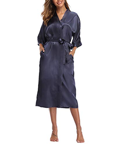 VOGTORY Women's Satin Robes Pure Color Long Kimono Bathrobes Soft Nightgown Navy
