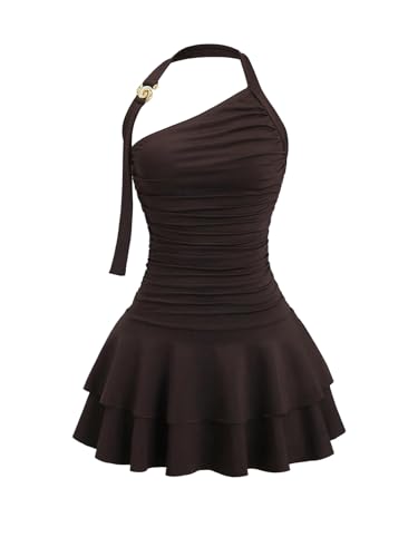 MakeMeChic Women's Backless Halter Mini Dress Going Out Ruffle Tiered Y2k Short Dresses