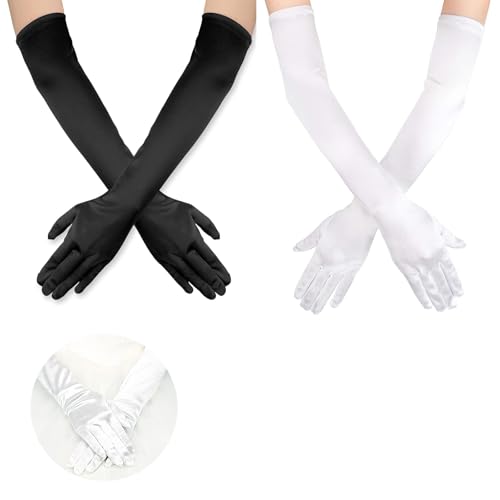 Beejune 2 Paar Lange Handschuhe, Schwarz Und Weiß, Für Frauen Mädchen Halloween Karneval Fasching Fest Party Kostüm