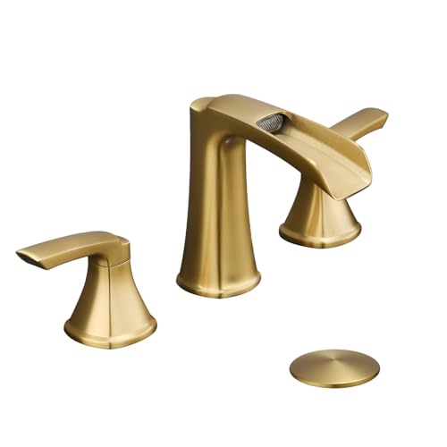 Fapully Brushed Gold Bathroom Faucet 3 Hole, Waterfall 8 Inch Widespread Bathroom Sink Faucet with Pop-up Drain, Two-Handle Faucet for Bathroom Sink