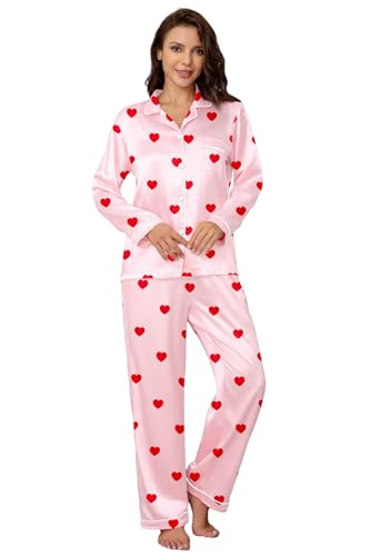 Image of Schbbbta Girls & Women Satin Pajamas Set, 2Piece Silk Nightwear Button-Down Sleepwear for Teen Kids, 3 Years - Women XXL