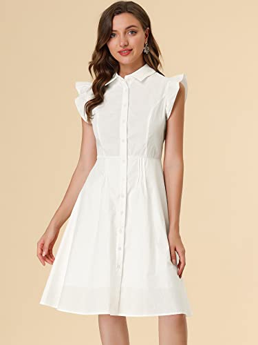Image of Allegra K Women's Ruffled Sleeve Casual Office Dress Tie Waist Button Down Cotton Shirt Dresses X-Large White