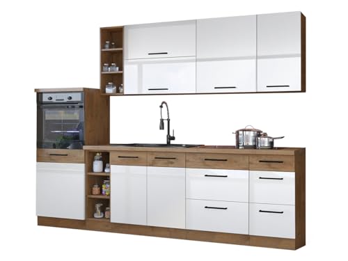 Mirjan24 Küche Woodline IV mit Arbeitsplatte und Spülbecken im Set, Küchenblock/Küchenzeile 9 Schrank-Module frei kombinierbar (Eiche Lancelot/Weiß Hochglanz) Mirjan24 Küche Woodline IV mit Arbeitsplatte und Spülbecken im Set, Küchenblock/Küchenzeile 9 Schrank-Module frei kombinierbar (Eiche Lancelot/Weiß Hochglanz)